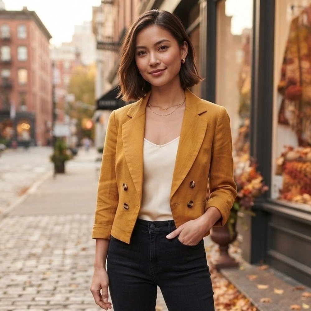 Linen Blend Blazer Womens XS Yellow Orange Fall Jacket Natural Fibre Preppy Chic